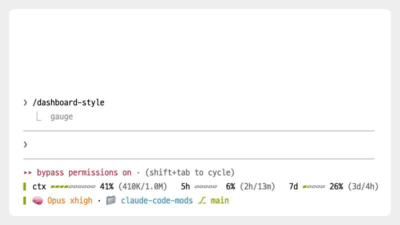 /dashboard-style로 gauge, calm, emoji, compact를 차례로 바꾼다